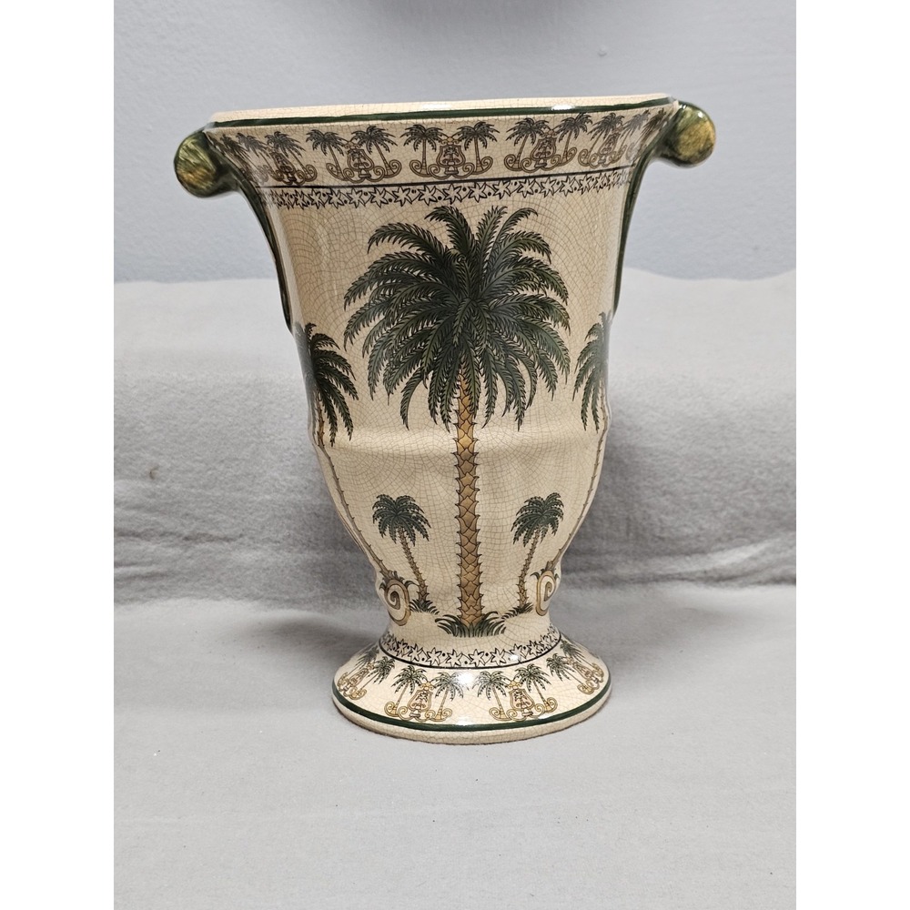 Vintage Tropical Palm Tree Ceramic Vase Crackle Glaze Urn Green Scrolled Handles
